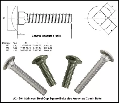 M5 Stainless Steel Carriage Bolts A2 Stainless Cup Square Coachbolts • £6.04