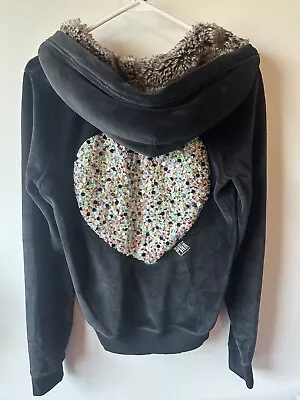 Victoria’s Secret Pink Black Velour Sequin Heart Faux Fur Zip Hoodie L • $79