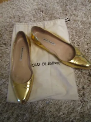 Manolo Blahnik Gold Metallic Leather Ballet Flat Shoes Sz 38.5 • $59.99