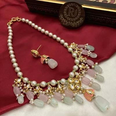 Indian Bollywood Baby Pink Royal Kundan Necklace Earrings Set Fashion Jewelry • $39.19