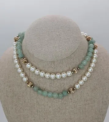 Genuine Jade & Glass Shell Pearl Necklace Vintage Eternity Beaded Necklace 28 In • $50