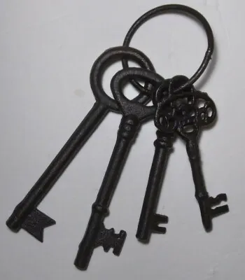 Cast Iron Keys Set 4 Large Ring Metal Black Goth Medieval Heavy Indoor Outdoor • $30