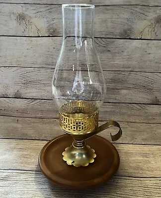 Vtg Brass Chamberstick Candle Holder Glass Hurricane Shade Wooden Base 13x7” • $24.99