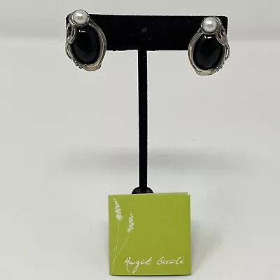 Hagit Gorali Black Oval Onyx Cultured Pearl 925 Sterling Dangle Drop Earrings HG • $49.99