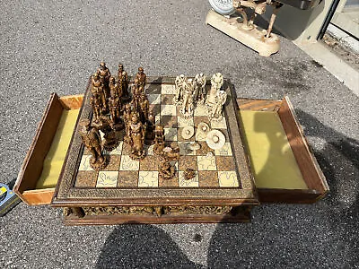 U7  Chess Set Rare Large  Stone Mexico Hand Crafted Conquistadors Wood Base • $299.99