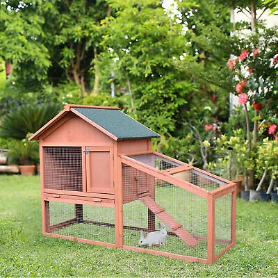 PawHut 2 Tier Wooden Rabbit Hutch Water Resistant Asphalt Roof Ramp Guinea Pig • £89.95