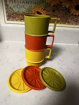 3 Vintage Tupperware Stackable Mugs With Lids/Coasters Harvest Colors #1312-13 • $19