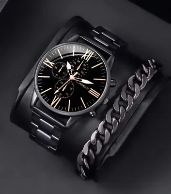 Watch Gift Set For Men Black & Gold With Black Bracelet Watches Great Quality UK • £9.99