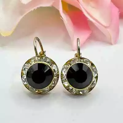 Vintage Black Chaton Rhinestone Headlight Earrings Channel Set Sparkling Dainty • $14.90