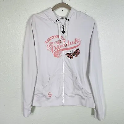 Ed Hardy Jacket Womens Large Butterfly Zip Up Hooded Track White Y2K 2000s • $37.50