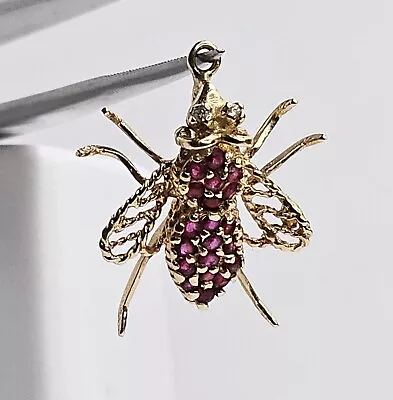 Vintage 14K Yellow Gold Ruby & Diamond Flying Bug Pendant • $339.95