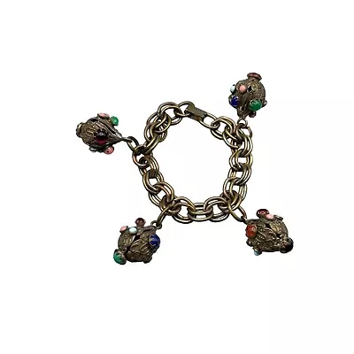 Vintage Etruscan Revival Charm Bracelet Antiqued Metal Dimensional Jeweled Charm • $89