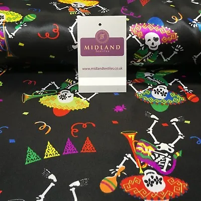 Black Satin Printed Mexican Halloween Skeleton Fabric 58  Wide MH950 Mtex • £7.99