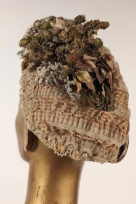 Victorian 1870’s Horsehair Ruffle Bonnet W Thick Floral Bouquet • $285