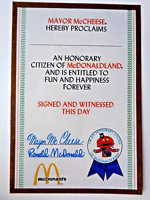 McDonald's 1975 Mayor McCheese McDonaldland Citizenship Certificate • $24.95