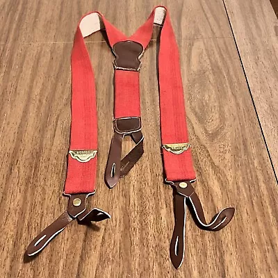 Vintage Police Brace Red Hunting Suspenders With Leather Tabs & Brass Accents • $29.99
