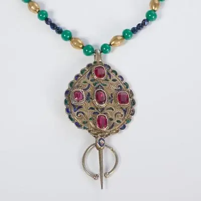 Vintage Moroccan Berber 800 Silver Enamel & Glass Stone Fibula Necklace Pendant • $120