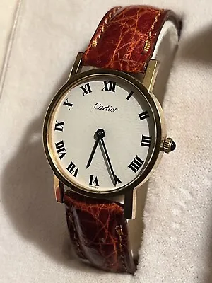 CARTIER MEN’S ROUND DRESS WATCH VINTAGE CLASSIC! 17j WHITE ROMAN DIAL ARGENT • $1499.99