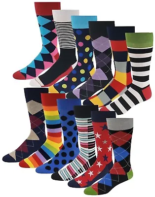 12 Pairs Men's Colorful Funky Design Fashion Premium Cotton Dress Socks • $29.99
