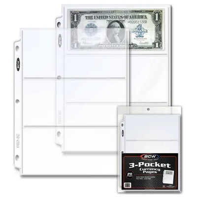 20 Clear Album Pages 3 Pockets Currency Banknotes Bills PVC FREE For Binders Bcw • $10.38