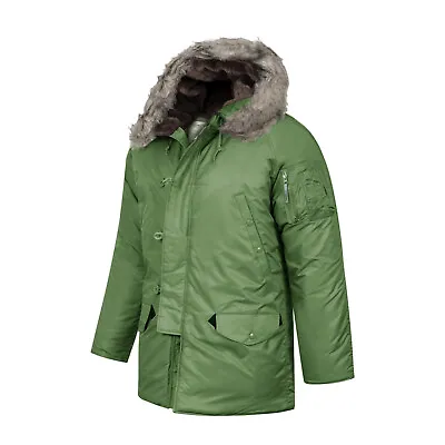 Army Military Style N3B Parka Insulated Padded Brown Fur Top Hooded Jacket Olive • $106.08