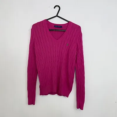 Ralph Lauren Cable-Knit V-Neck Jumper Womens Size L [Fit As M] Pink Sweater. • £28.99