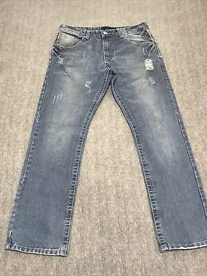 Fiend Jeans Mens 34 Blue Denim Distressed Straight Low Rise Pockets Casual • $12.99