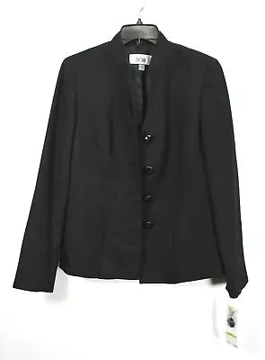 Le Suit Women Solid Black Long Slit Sleeve Mandarin Collar Button Front Blazer 4 • $33.38