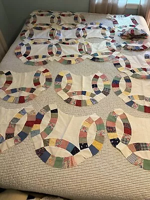 Vintage Unfinished Double Wedding Ring Quilt Top Hand Sewn Top Only • $39