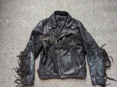 Vintage HARLEY DAVIDSON Motorcycle Jacket 42 Black Leather M Western FRINGE Mc • $349.95