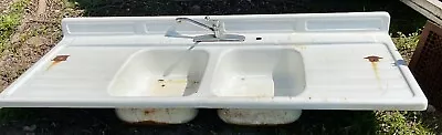 Vintage Cast Iron Porcelain Double Bowl Drain Board Farmhouse Kitchen Sink • $699.99