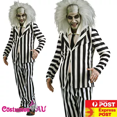 Mens Mr Beetlejuice Costume Adult 80s Ghost Party Outfit Halloween Suits + Wig • $56.99