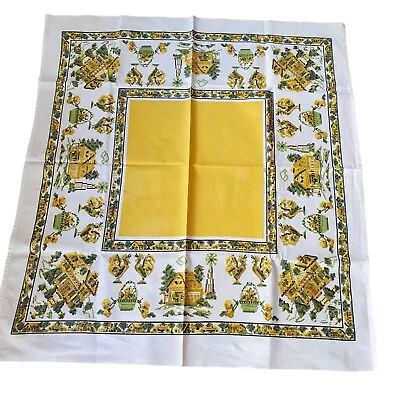 Vintage Square Tablecloth 70s Yellow Green House Pattern Retro Caravan 88 Cm VTG • $19