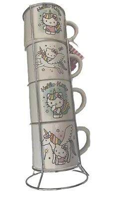 Hello Kitty Mugs Set Of 4 W/Holder‎ Sanrio Unicorn❤️🎁10 Oz Stackable New W/tag • $83.73