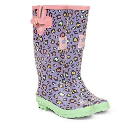 £29.99 • Buy Ladies Wellies Wellington Boots Purple Leopard Waterproof Wide Calf Rain Boot