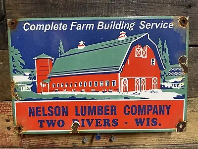 Nelson Lumber Vintage Porcelain Sign Woods Forest Clearing Chainsaw Lumberjack • $203