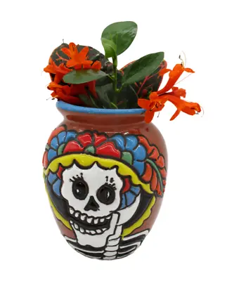 Mexican Terracotta Clay Pottery Bud Vase Catrina Day Of The Dead  Flower Pot  7  • $45