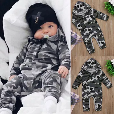 Newborn Infant Baby Boy Camouflage Hooded Jumpsuit Bodysuit Warm Clothes Outfit • $26.39