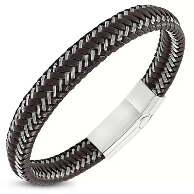 Stainless Steel Silver-Tone Black Braided Leather Wristband Bracelet 8.5  • $19.99