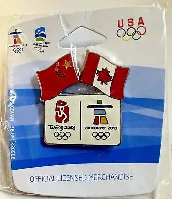 2008 2010 Beijing Vancouver Olympic Pin Dual Flag China Canada • $8.44