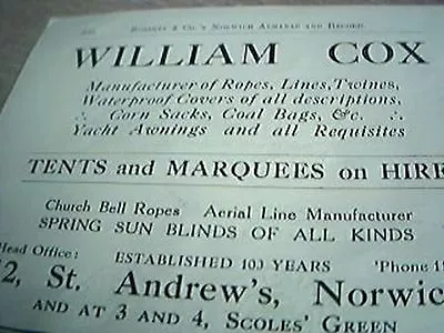 Book Cutting Advert Norwich 1929 William Cox Tents Marquees Hire St Andrews • £2.65