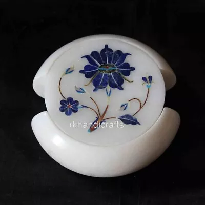 Lapis Lazuli Stone Inlay Work Wine Coaster Set White Marble Coffee Coaster 4.5  • $124.50