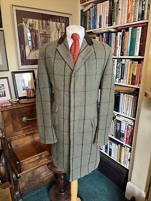 £275 • Buy New & Lingwood Green And Orange Checked Tweed Covert Coat Overcoat