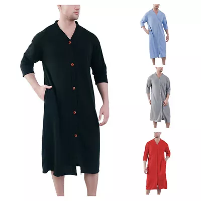 Men's Soft Robe Button Down House Coat Nightgown V Neck 3/4 Sleeve Sleep Shirt • $22.99
