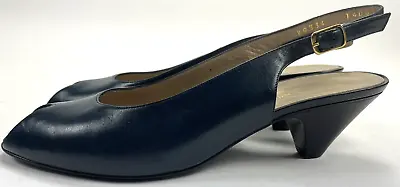 Bruno Magli Vintage 9AA Heels Navy Leather Sling Back Open Toe W/Box • $34.95