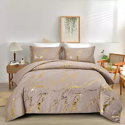 Taupe Gold Metallic Marble Comforter Set Queen Foil Print Glitter Bedding Sets W • £82.66
