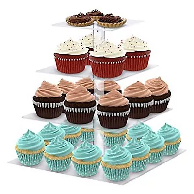 CUPCAKE STAND 4 Tiers Clear Premium Square Crystal Acrylic Birthday Party SALE • $31.68