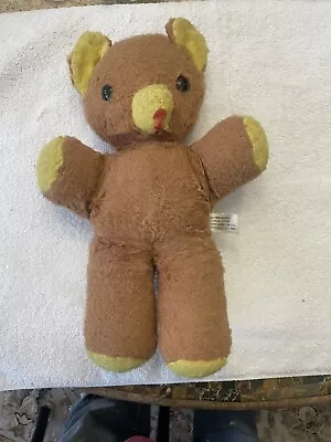 Vintage Teddy Bear Red Felt Tongue Black Eyes Light Brown Plush 12  Stuffed Bear • $15