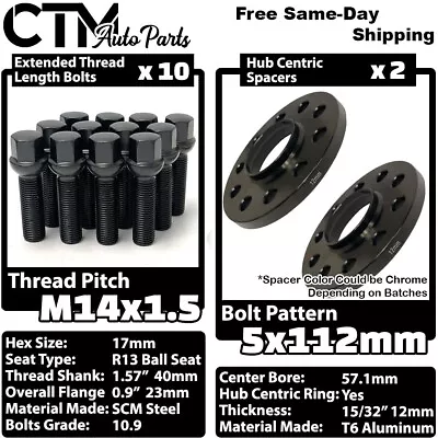 $53.35 • Buy 2x 12mm Thick 5x112 57.1mm CB Wheel Spacer Set Black 14x1.5 Bolt Fit Volkswagen