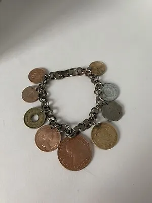 Vintage 1950's And 1960’s Coin Charm 7”  Bracelet Europeon And Mexican • $15